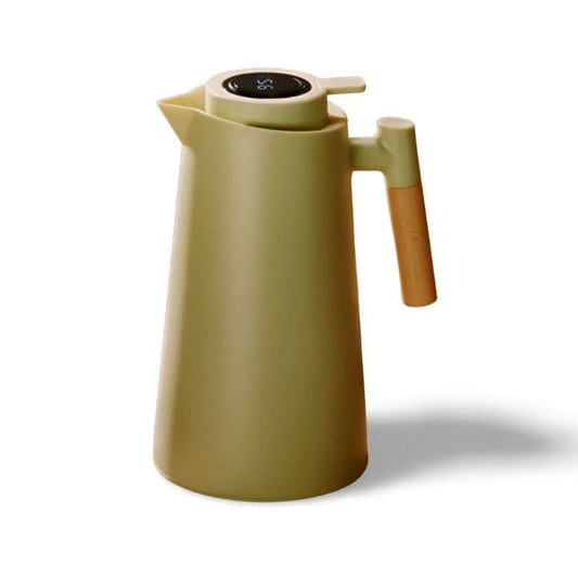 Insulated Glass Thermal Jug with Temperature Display and Wooden Handle