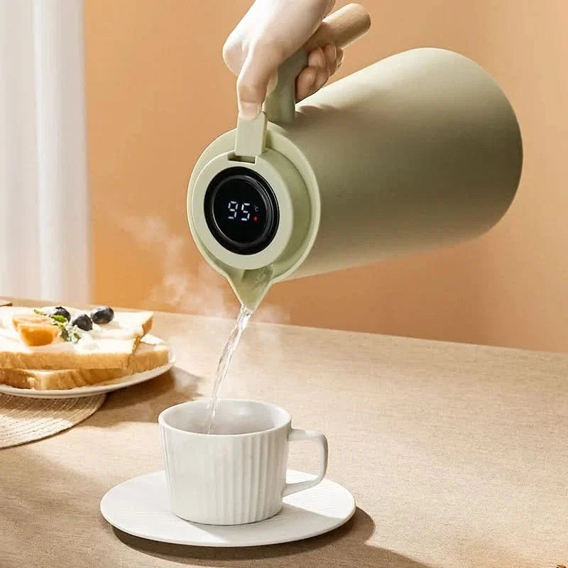 Insulated Glass Thermal Jug with Temperature Display and Wooden Handle