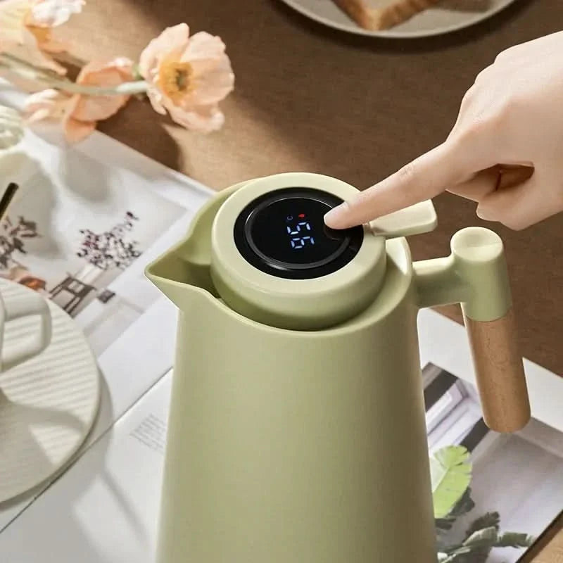 Insulated Glass Thermal Jug with Temperature Display and Wooden Handle