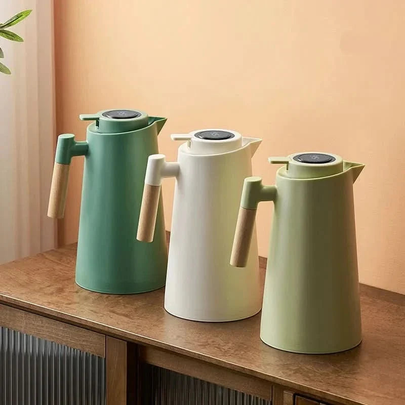 Insulated Glass Thermal Jug with Temperature Display and Wooden Handle