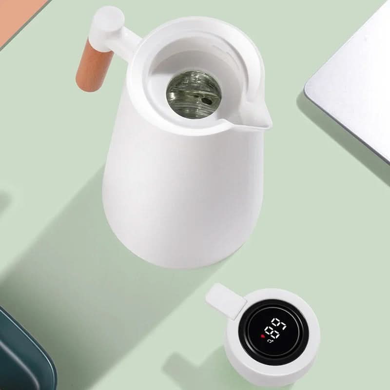 Insulated Glass Thermal Jug with Temperature Display and Wooden Handle
