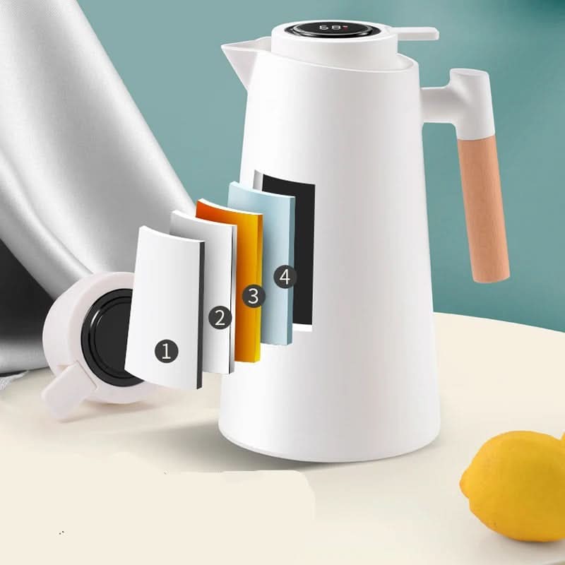 Insulated Glass Thermal Jug with Temperature Display and Wooden Handle
