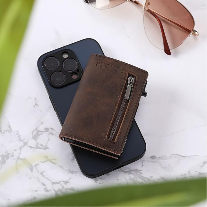 Intelligent RFID Blocking Wallet with Quick Card Access – Genuine Leather and Compact Aluminum Design
