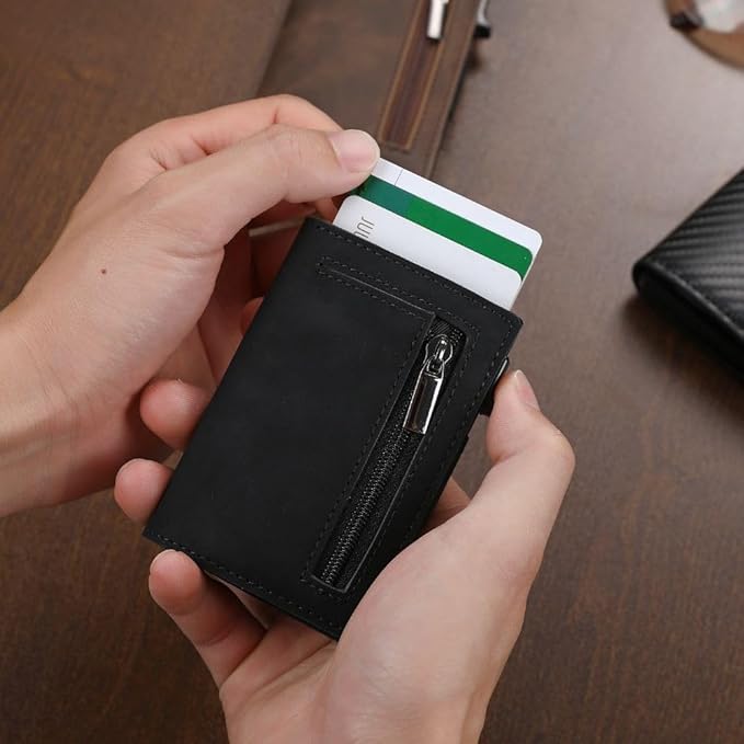 Intelligent RFID Blocking Wallet with Quick Card Access – Genuine Leather and Compact Aluminum Design
