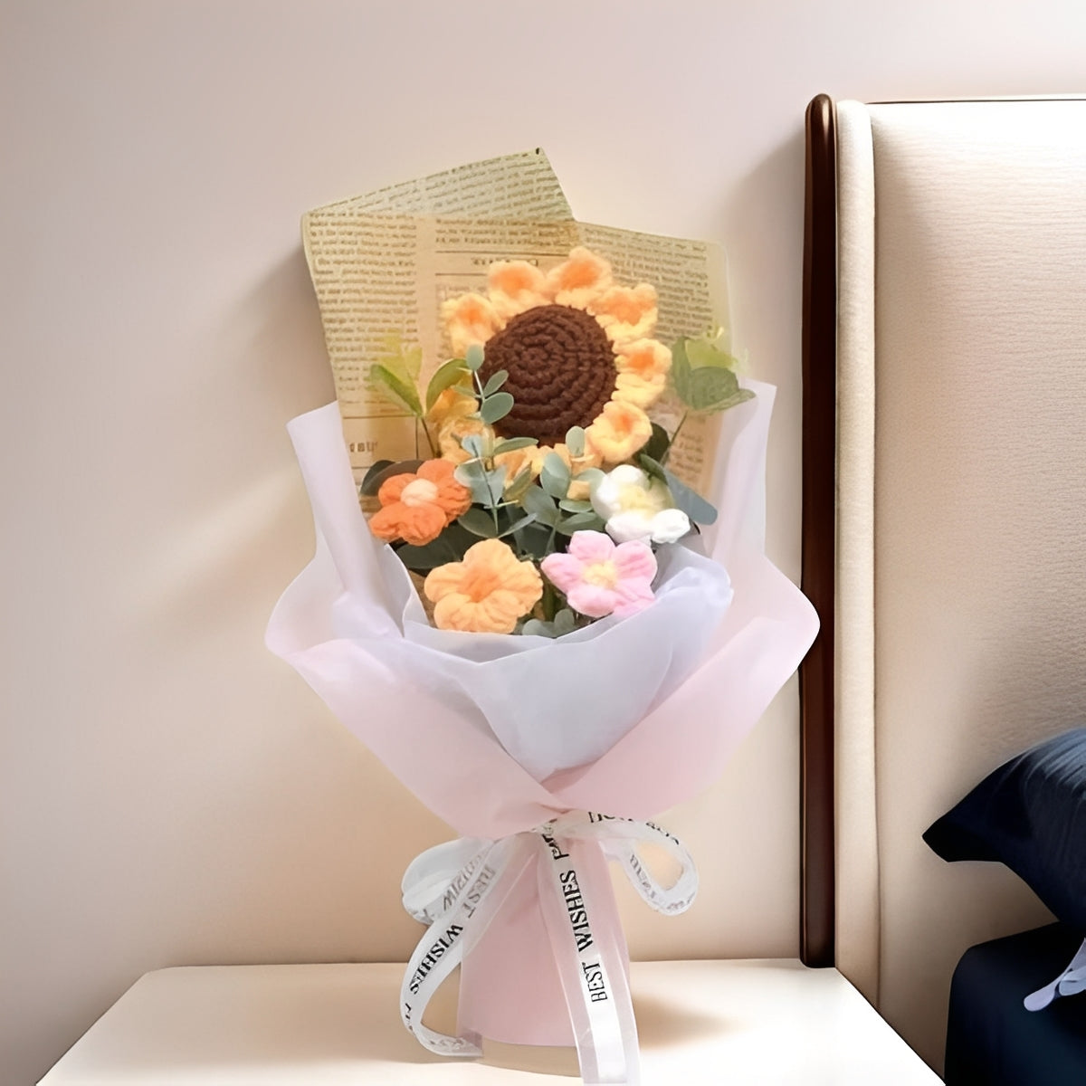 Knitted Floral Bouquet with Sunflowers and Daisies for Anniversaries and Celebrations
