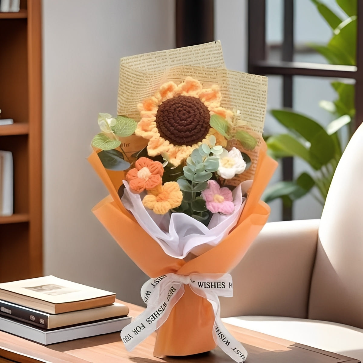 Knitted Floral Bouquet with Sunflowers and Daisies for Anniversaries and Celebrations