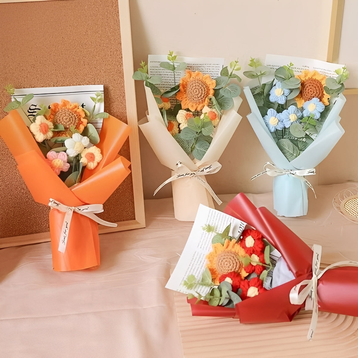 Knitted Floral Bouquet with Sunflowers and Daisies for Anniversaries and Celebrations