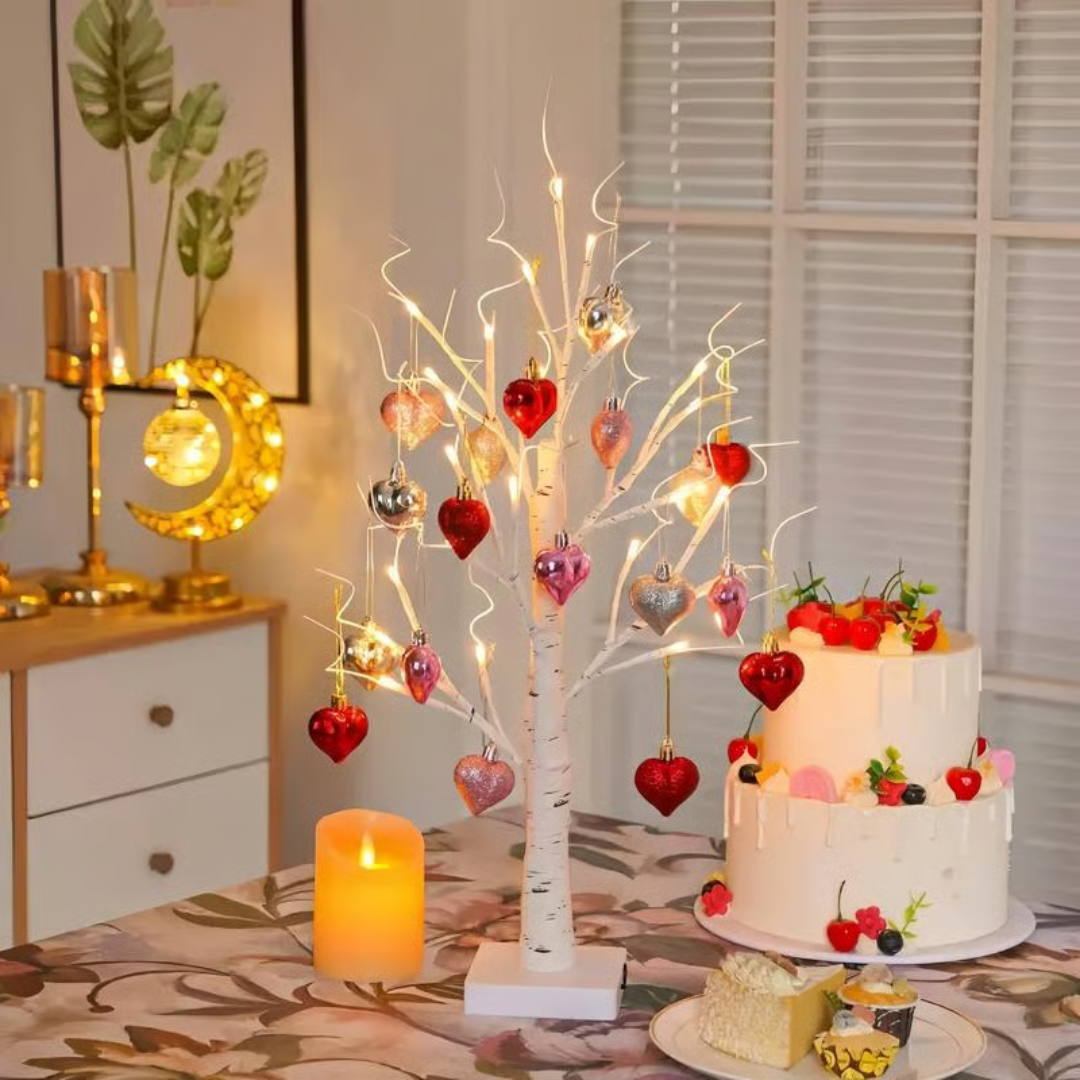 LED Birch Tree with 18 Heart Ornaments