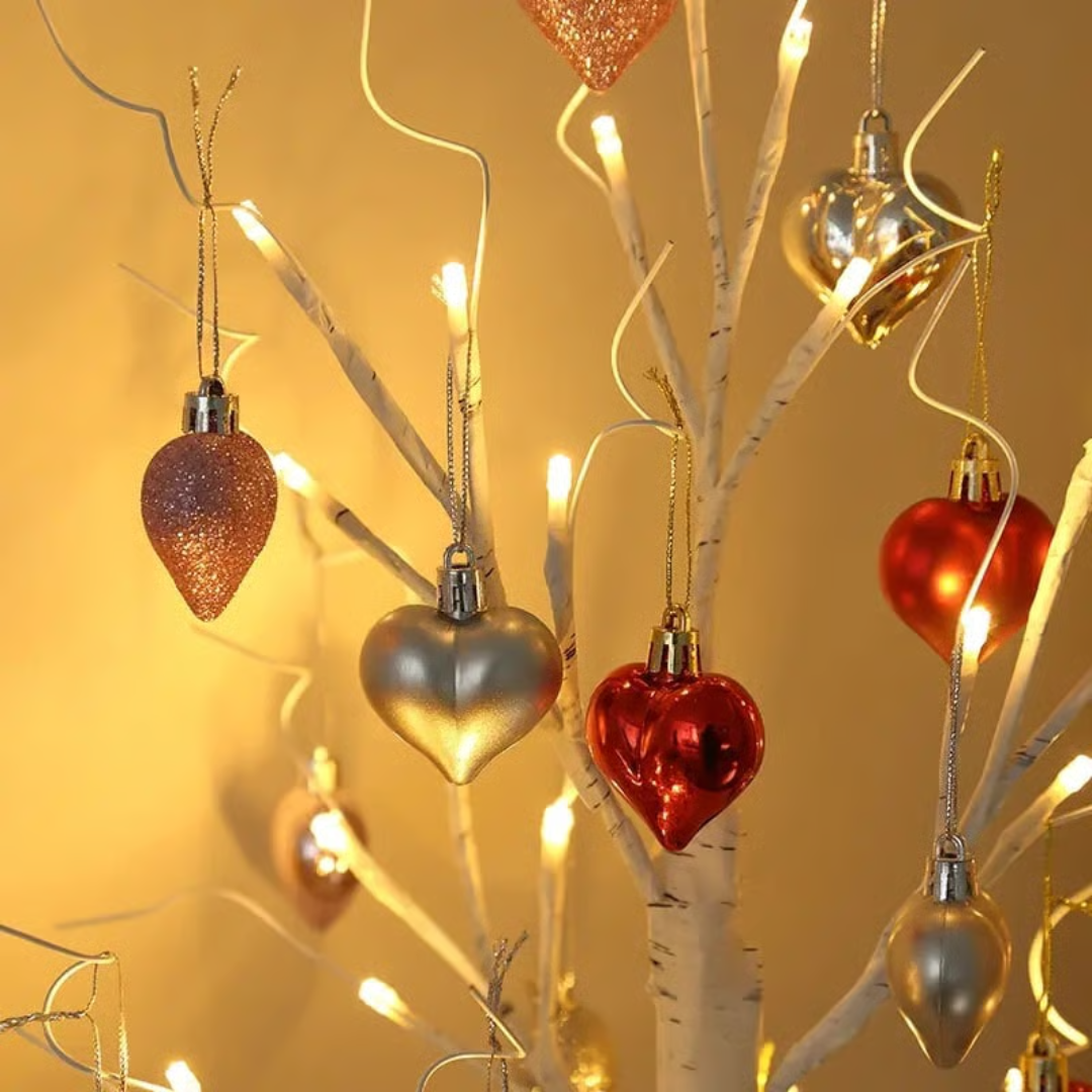 LED Birch Tree with 18 Heart Ornaments