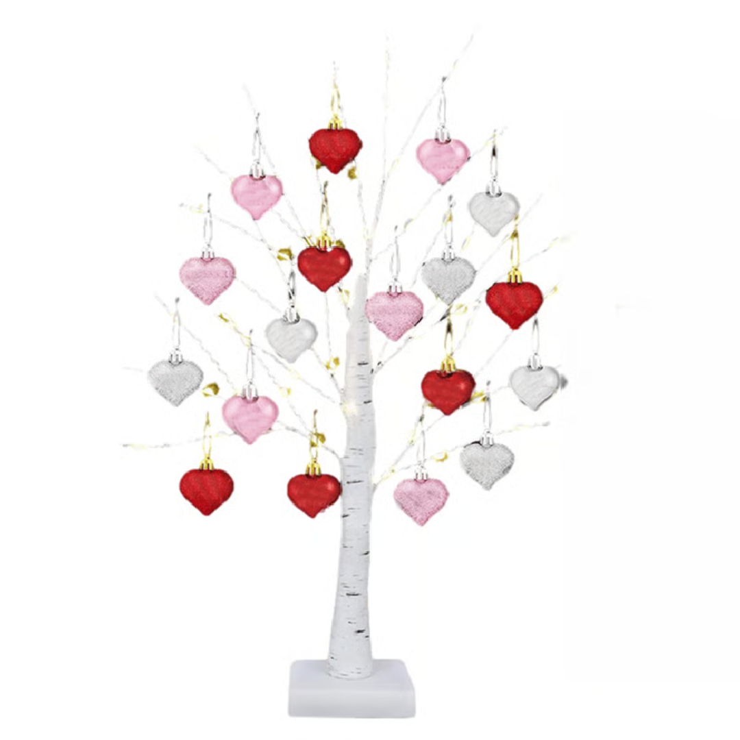 LED Birch Tree with 18 Heart Ornaments
