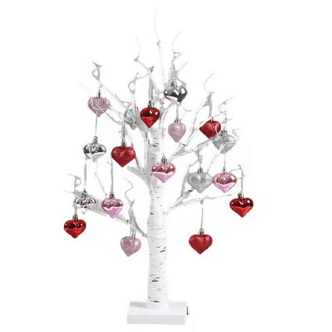 LED Birch Tree with 18 Heart Ornaments