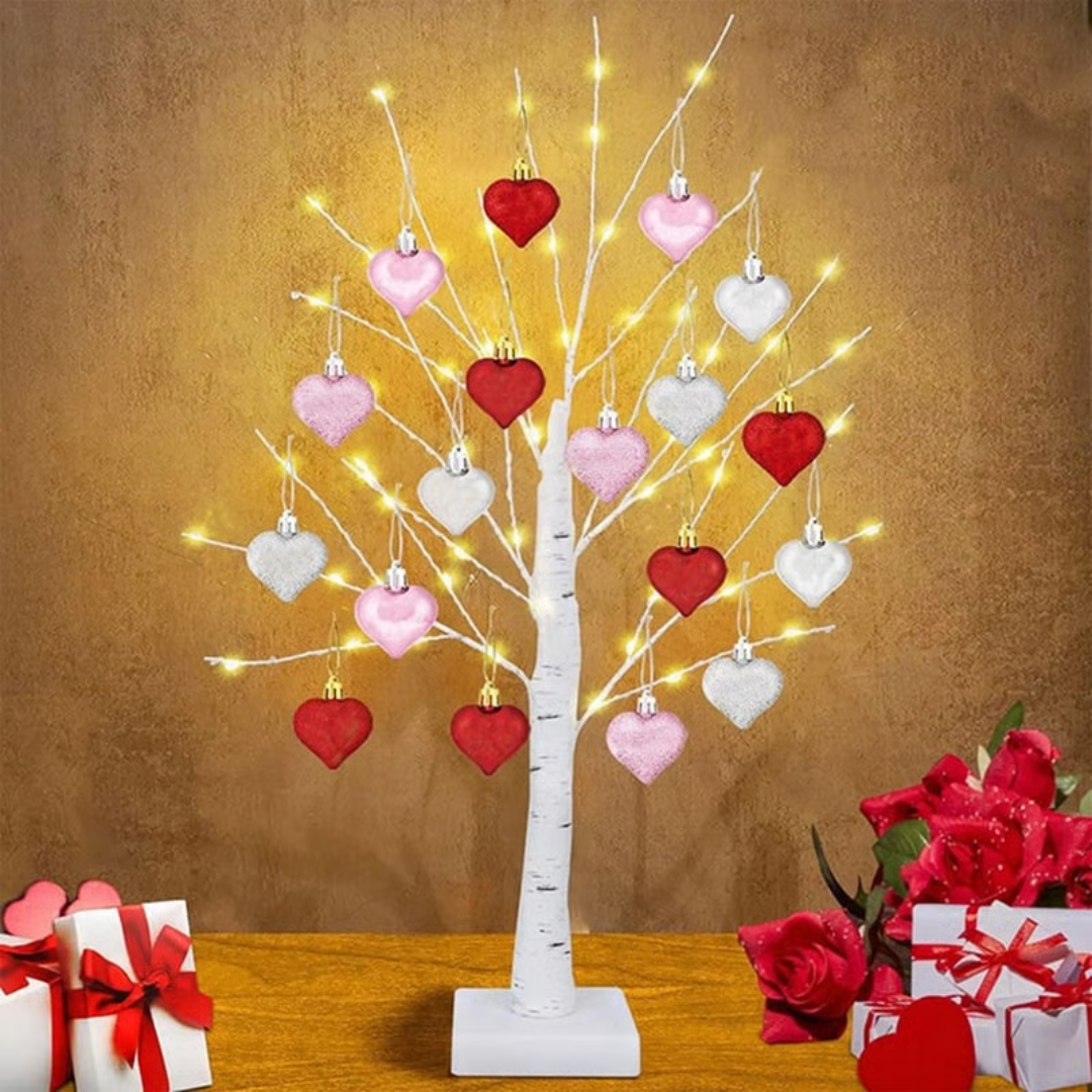 LED Birch Tree with 18 Heart Ornaments