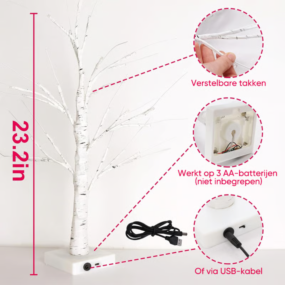 LED Birch Tree with 18 Heart Ornaments