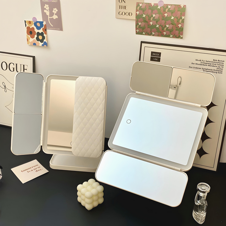LED Makeup Mirror with 3-Color Lighting – Foldable Vanity Mirror with Light and 2X/3X Magnification, White or Pink
