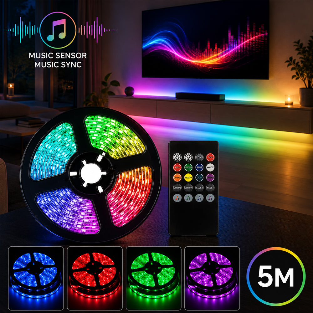 LED Strip Light Chain 5 Meters with Remote Control and Music Sensor