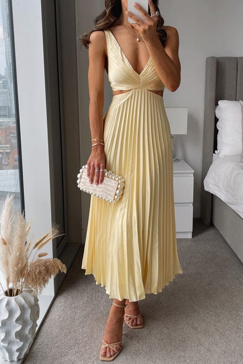 Image of Leila | Women's V-Neck Pleated Midi Dress