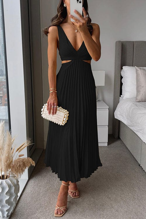 Image of Leila | Women's V-Neck Pleated Midi Dress