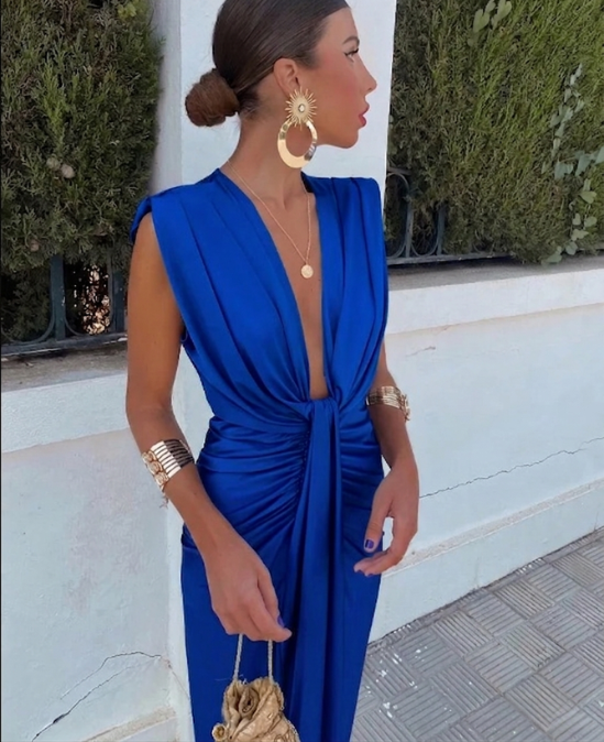 Leslie | Women's Plunge Neck Midi Dress - Image 2