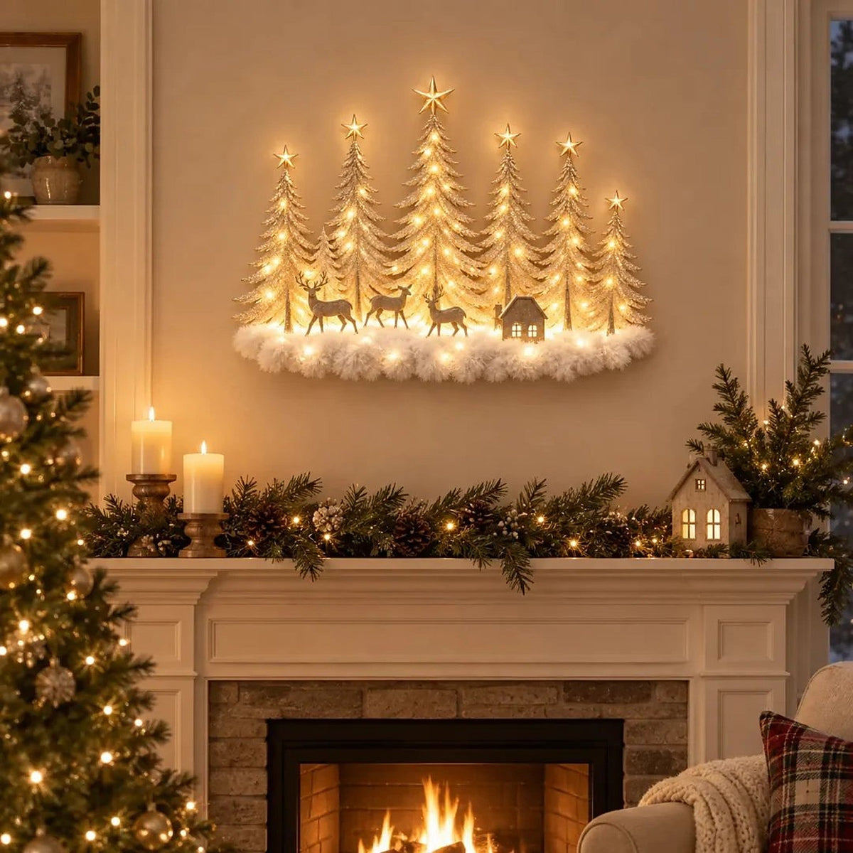 Lighted Winter Forest Wall Decor - 3D Christmas Landscape with Deer and Warm LED Light