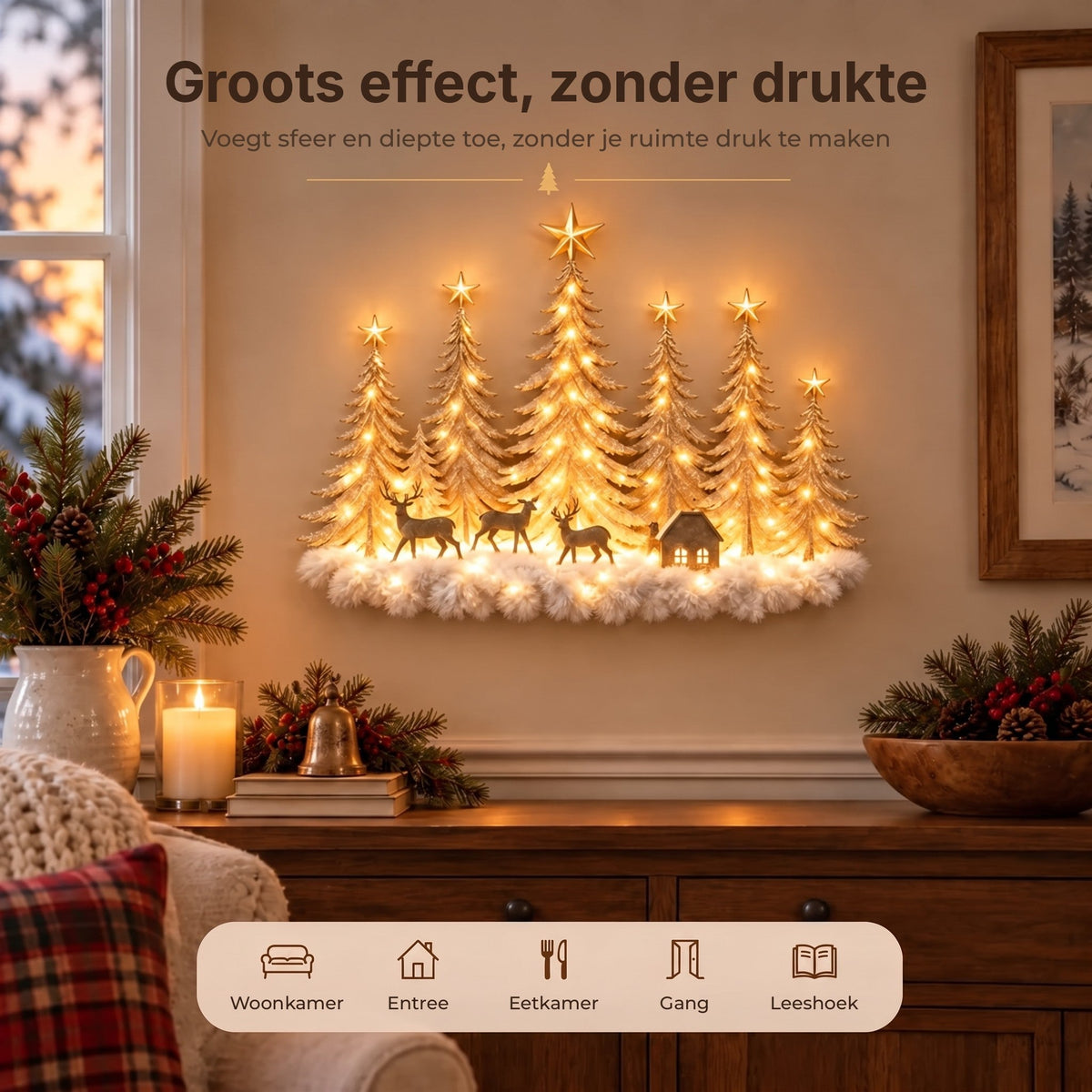 Lighted Winter Forest Wall Decor - 3D Christmas Landscape with Deer and Warm LED Light