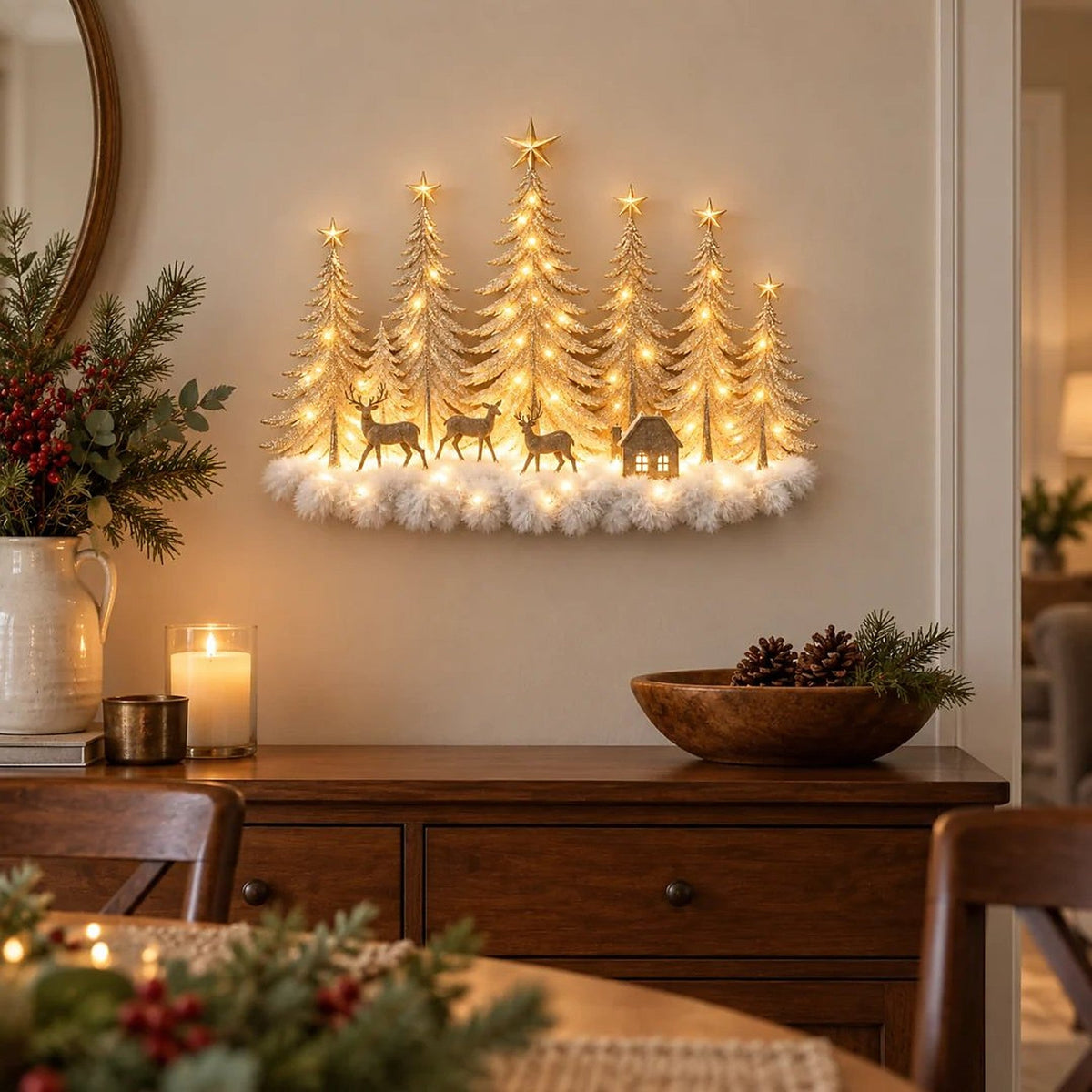 Lighted Winter Forest Wall Decor - 3D Christmas Landscape with Deer and Warm LED Light