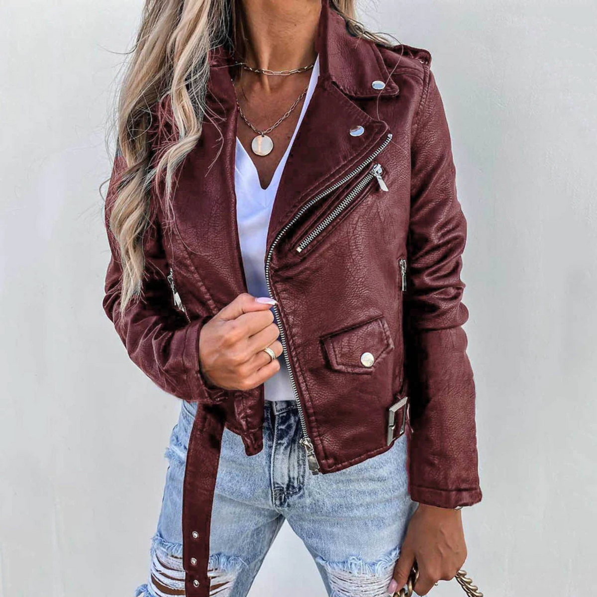 Lined Faux Leather Jacket with Zip