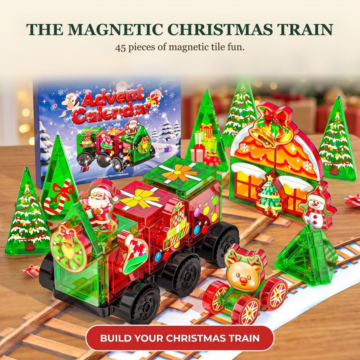 Christmas Train Magnetic Tiles Advent Calendar, 45-Piece Set for Kids