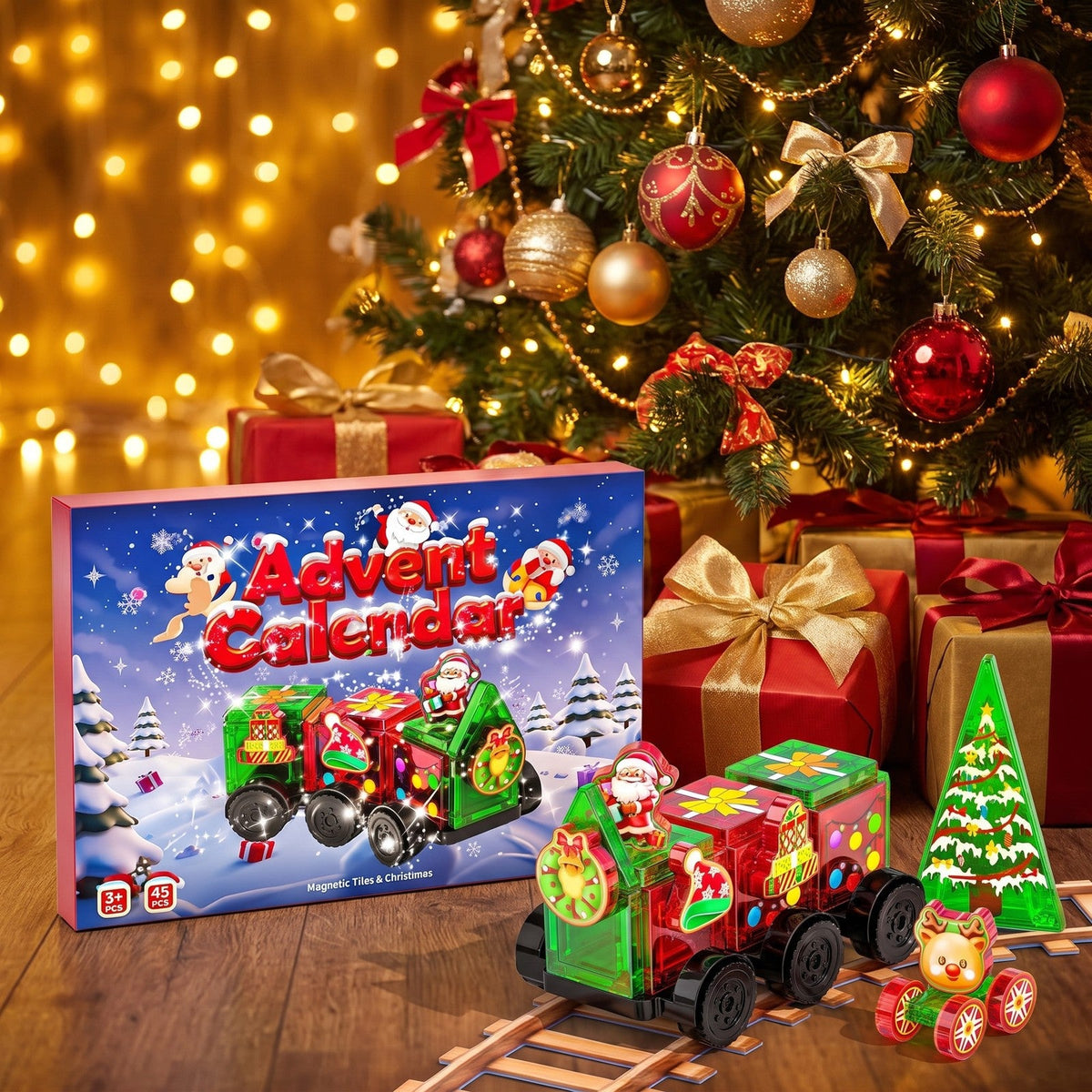 Christmas Train Magnetic Tiles Advent Calendar, 45-Piece Set for Kids