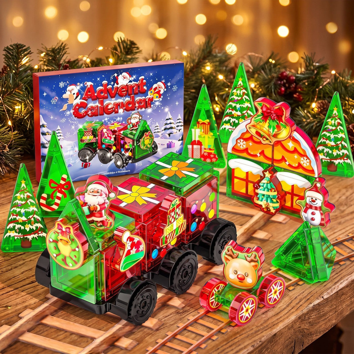 Christmas Train Magnetic Tiles Advent Calendar, 45-Piece Set for Kids