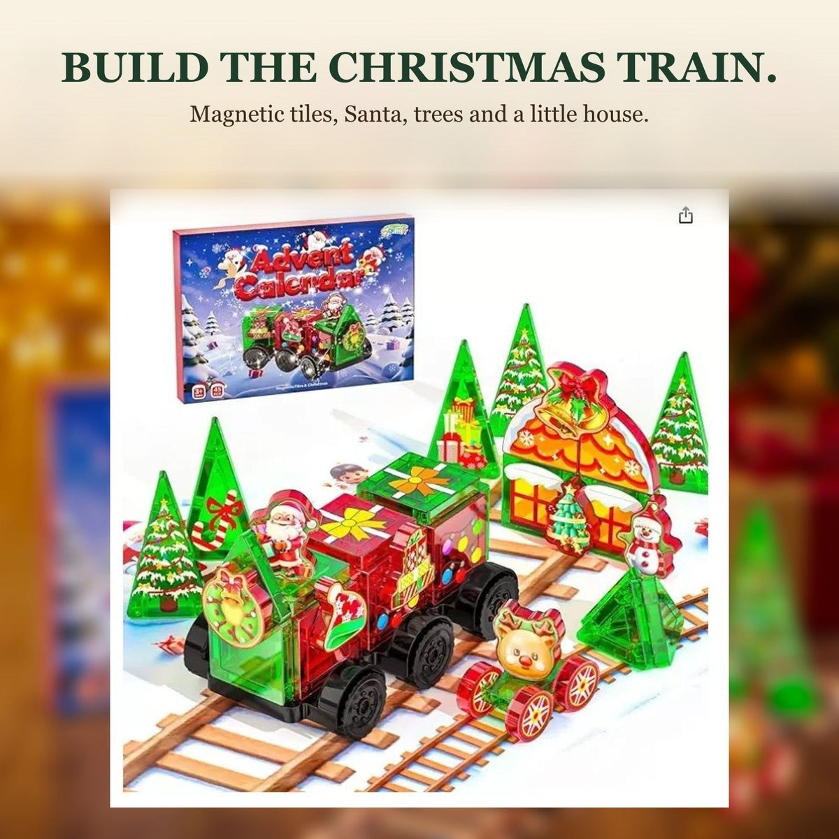 Christmas Train Magnetic Tiles Advent Calendar, 45-Piece Set for Kids