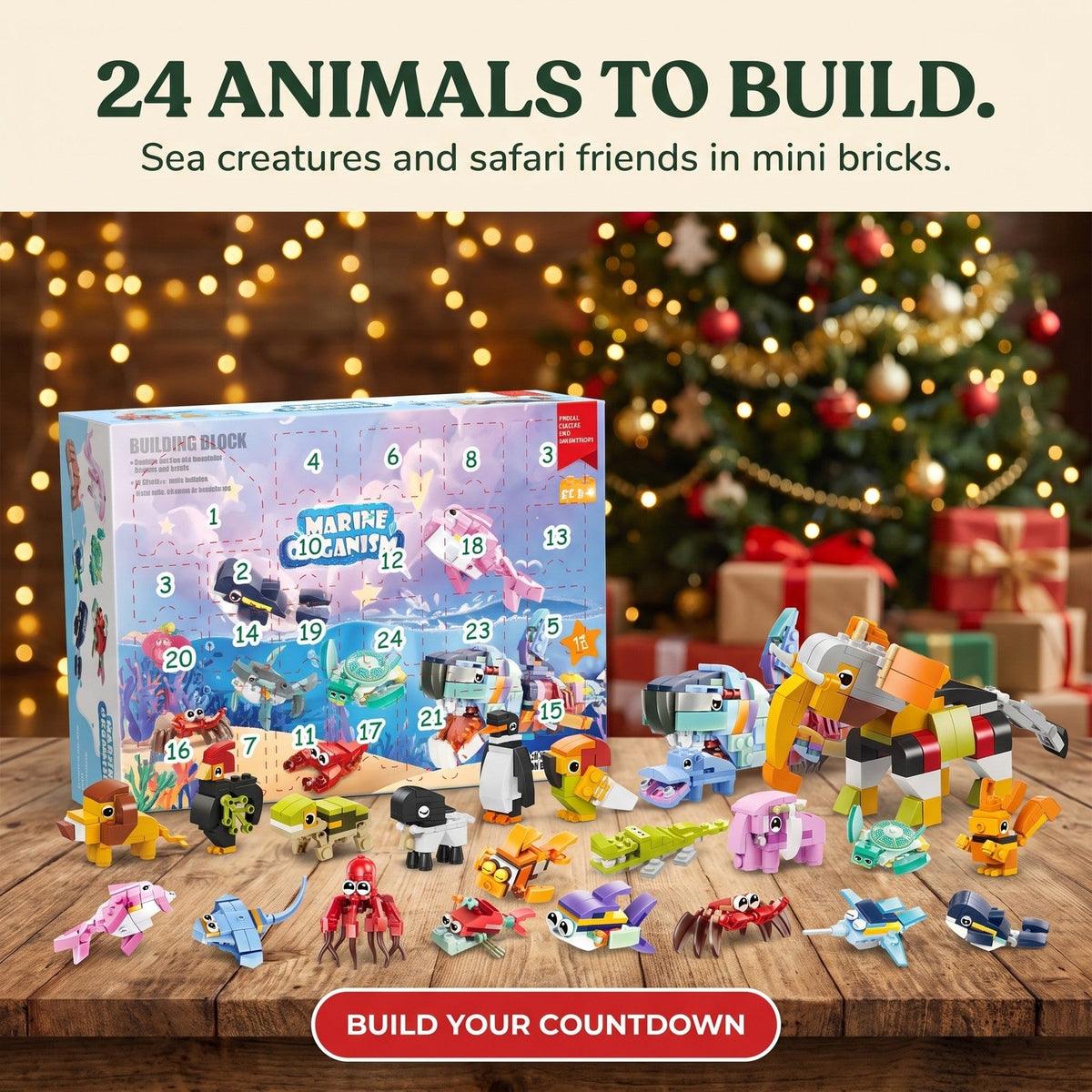 Ocean Animal Brick Advent Calendar for Kids, 24 Builds plus Big Sea Creature