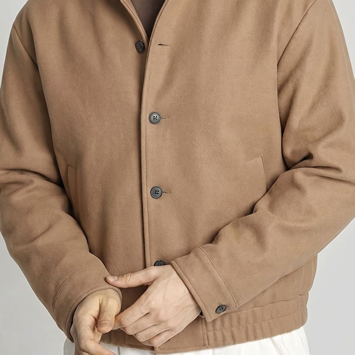 Men's Button-Front Wool-Look Bomber Jacket with Stand Collar