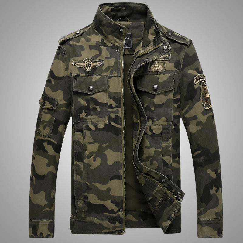 Men's Camouflage Canvas Field Jacket with Stand Collar, Epaulettes, and Multi-Pockets