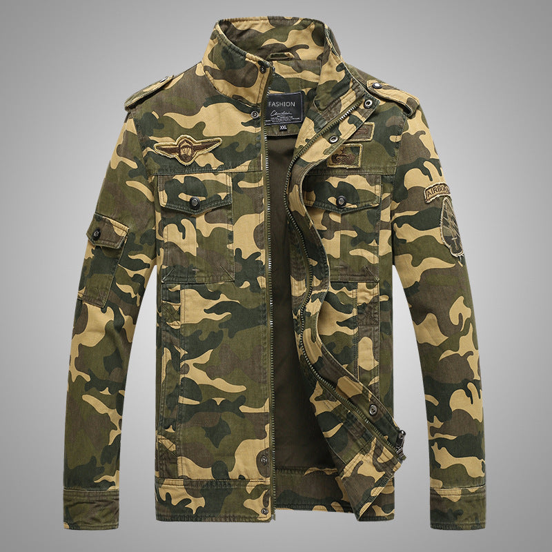 Men's Camouflage Canvas Field Jacket with Stand Collar, Epaulettes, and Multi-Pockets
