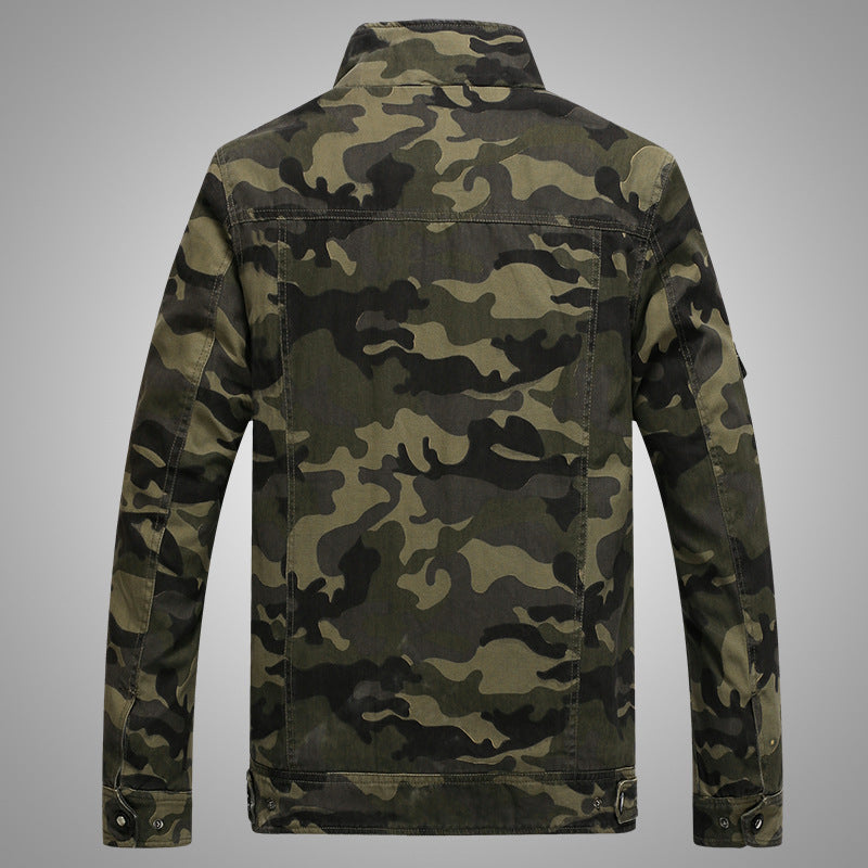 Men's Camouflage Canvas Field Jacket with Stand Collar, Epaulettes, and Multi-Pockets