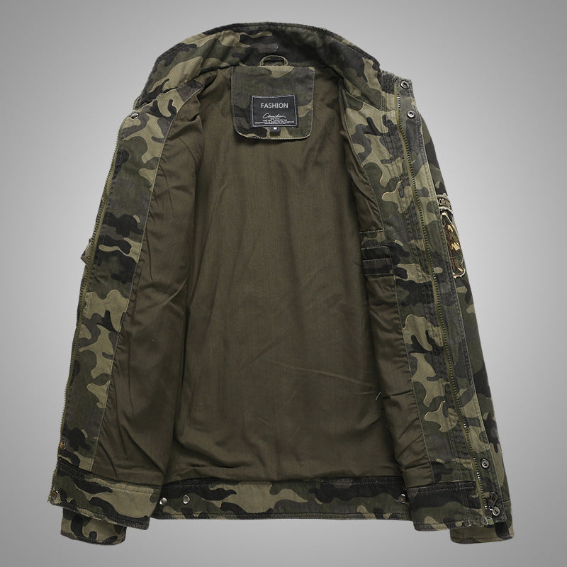 Men's Camouflage Canvas Field Jacket with Stand Collar, Epaulettes, and Multi-Pockets