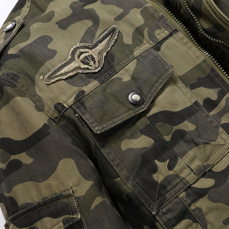 Men's Camouflage Canvas Field Jacket with Stand Collar, Epaulettes, and Multi-Pockets