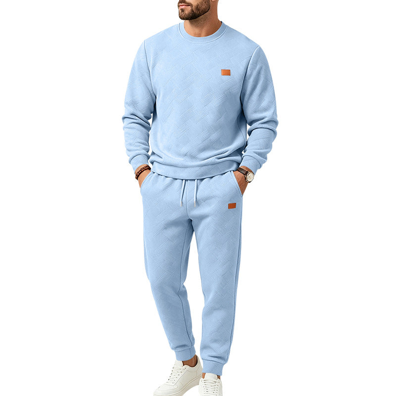 Men's Casual Textured Fleece Tracksuit with Crewneck, Drawstring Waistband and Pockets