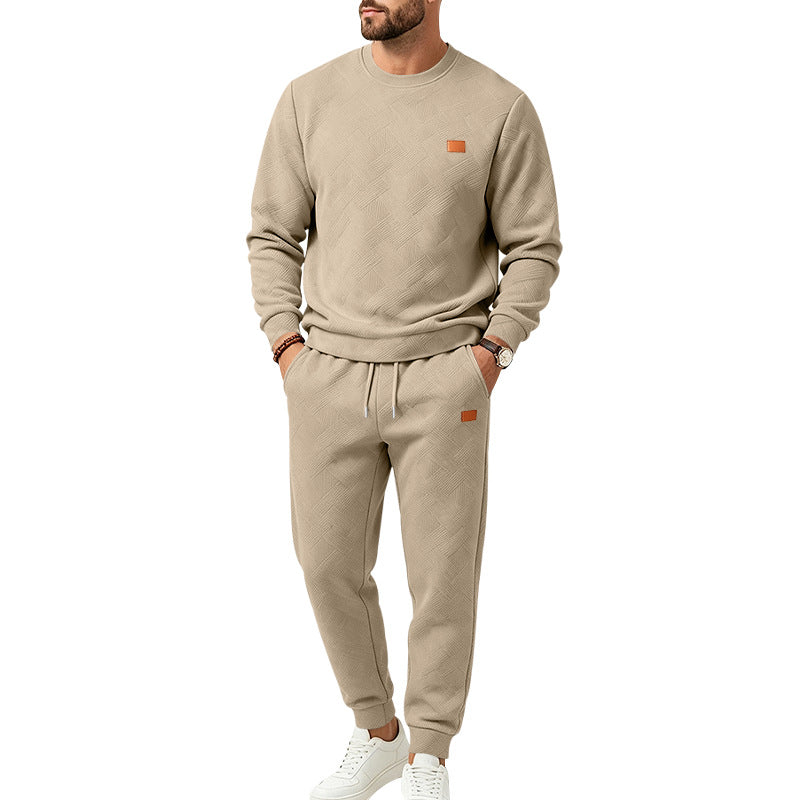 Men's Casual Textured Fleece Tracksuit with Crewneck, Drawstring Waistband and Pockets