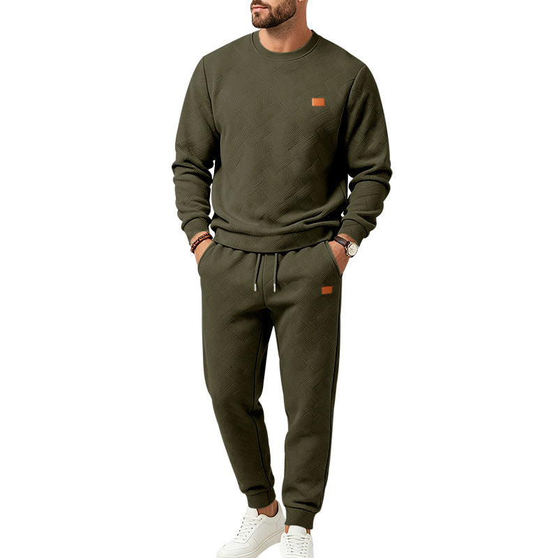 Men's Casual Textured Fleece Tracksuit with Crewneck, Drawstring Waistband and Pockets