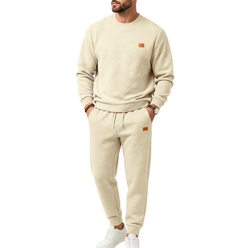 Men's Casual Textured Fleece Tracksuit with Crewneck, Drawstring Waistband and Pockets