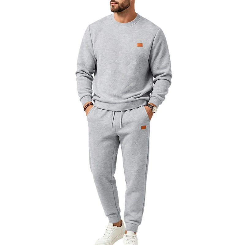 Men's Casual Textured Fleece Tracksuit with Crewneck, Drawstring Waistband and Pockets