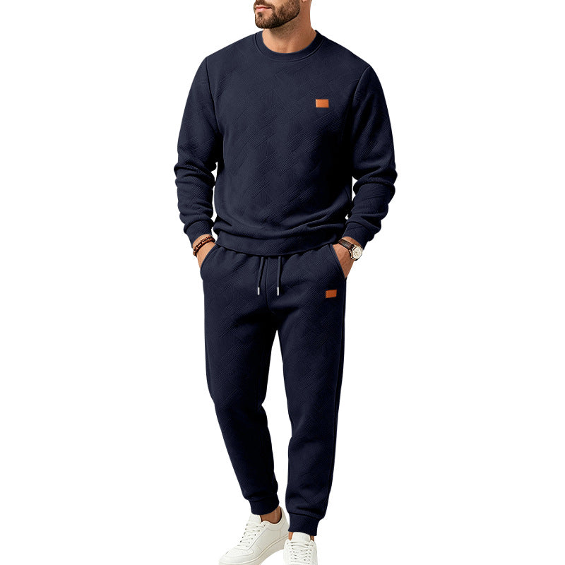 Men's Casual Textured Fleece Tracksuit with Crewneck, Drawstring Waistband and Pockets