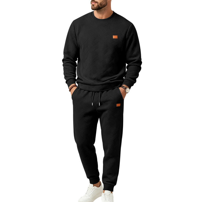 Men's Casual Textured Fleece Tracksuit with Crewneck, Drawstring Waistband and Pockets