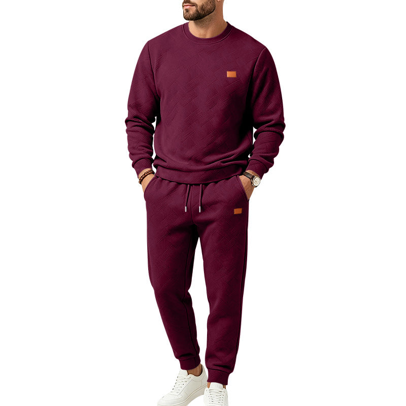 Men's Casual Textured Fleece Tracksuit with Crewneck, Drawstring Waistband and Pockets