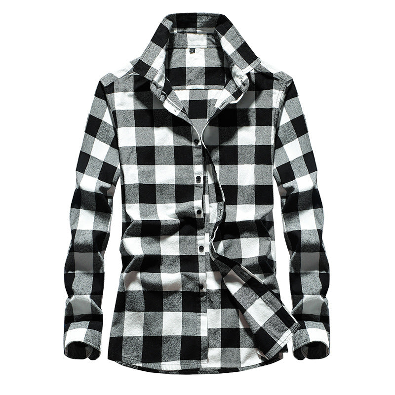 Men's Checked Flannel Shirt with Kent Collar and Full Button Placket