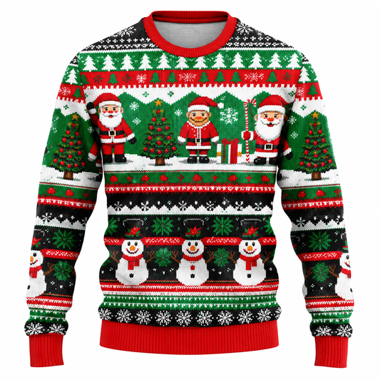 Men's Christmas Sweater with Santa, Snowman & Snow-Covered Tree Print - Crew Neck, Straight Fit & Ribbed Cuffs