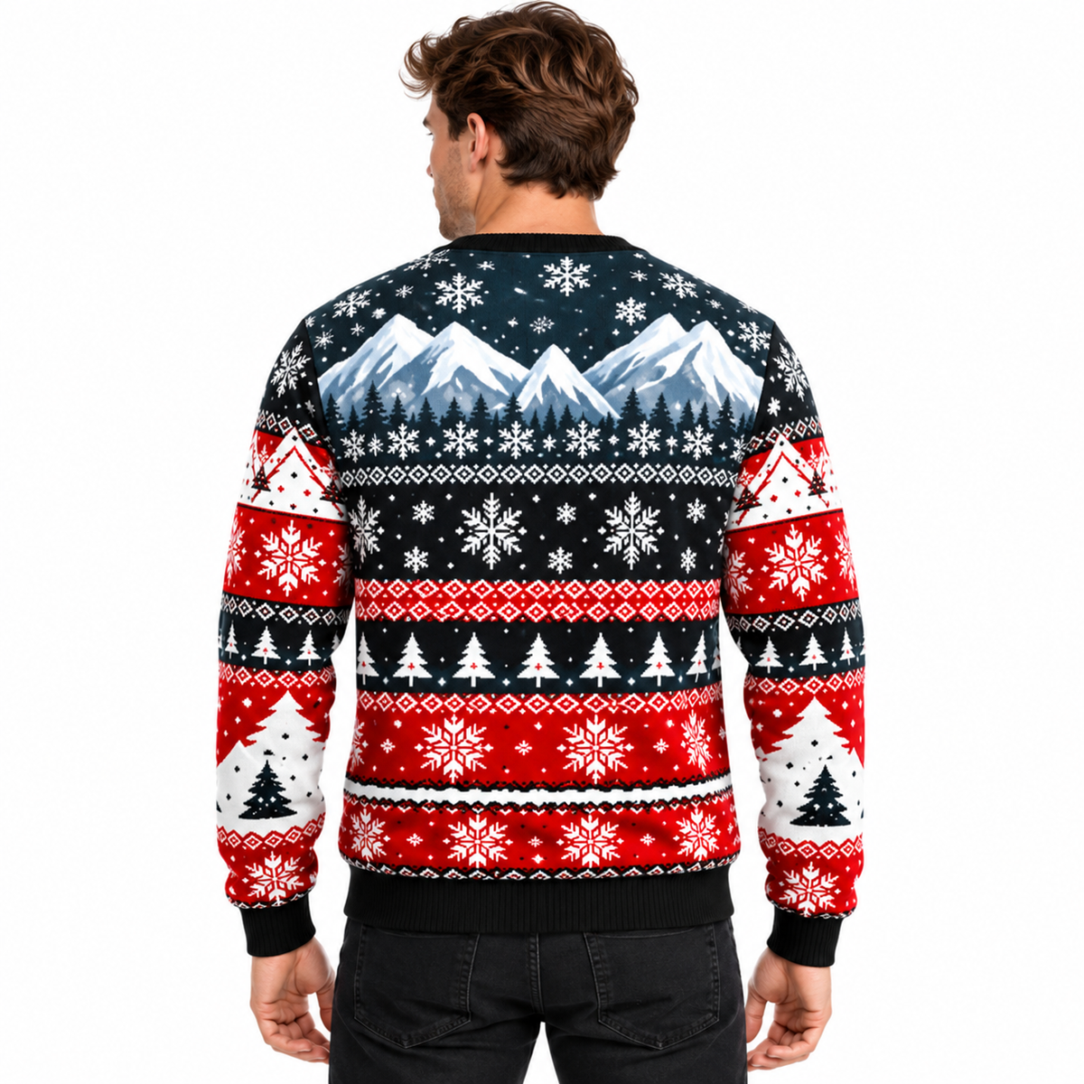 Men's Christmas Sweater with Santa, Snowman & Snow-Covered Tree Print - Crew Neck, Straight Fit & Ribbed Cuffs