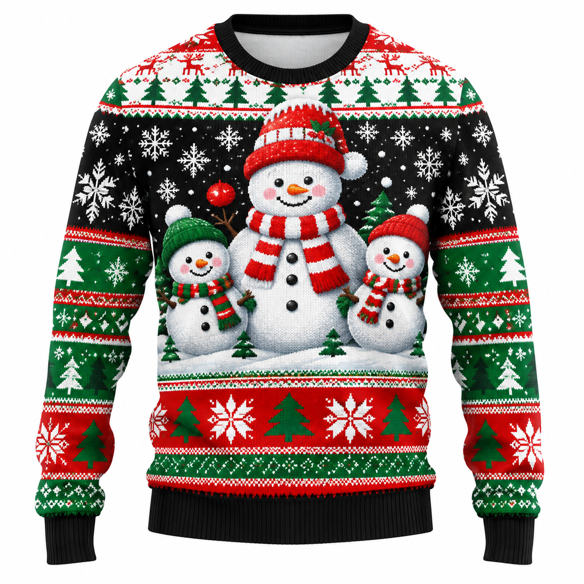 Men's Christmas Sweater with Santa, Snowman & Snow-Covered Tree Print - Crew Neck, Straight Fit & Ribbed Cuffs