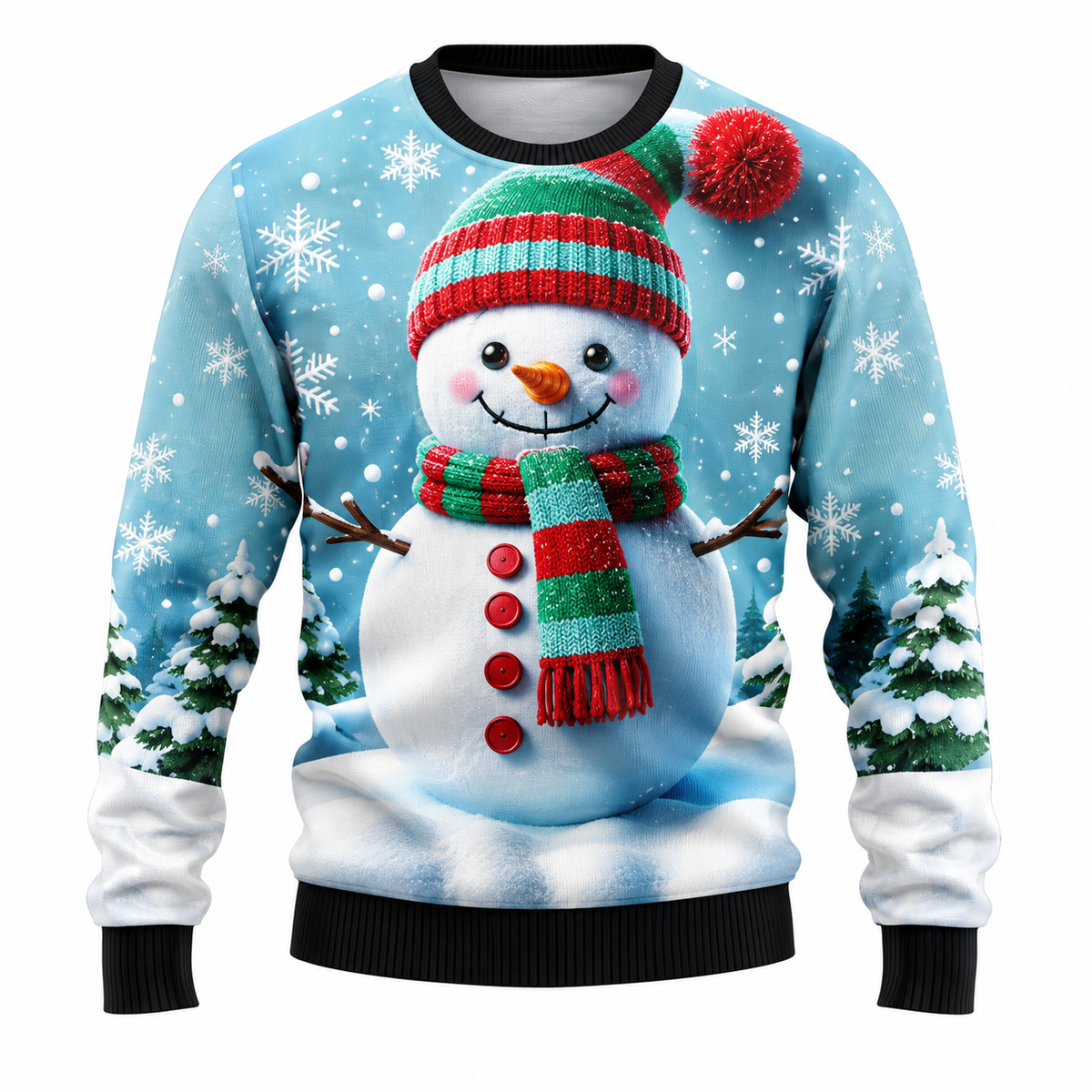 Men's Christmas Sweater with Santa, Snowman & Snow-Covered Tree Print - Crew Neck, Straight Fit & Ribbed Cuffs